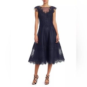 Teri Jon by Rickie Freeman Illusion Cap-Sleeve Fit-&-Flare Navy Dress